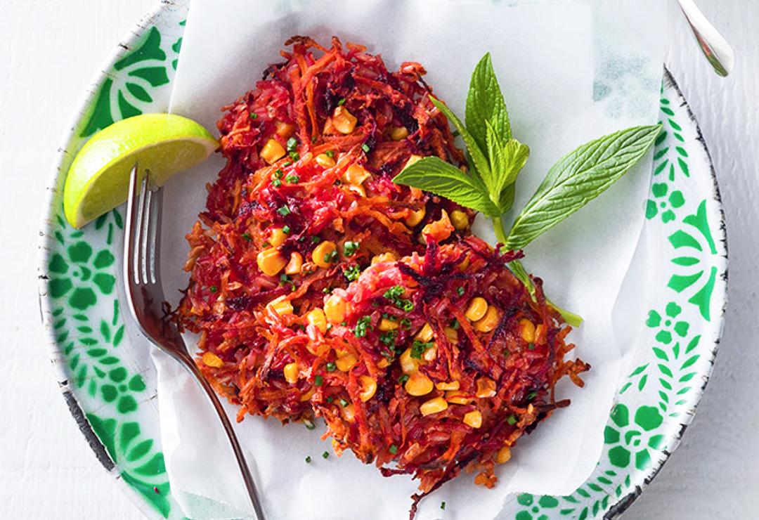 Roasted spiced rice and vegetable fritters with lime dressing