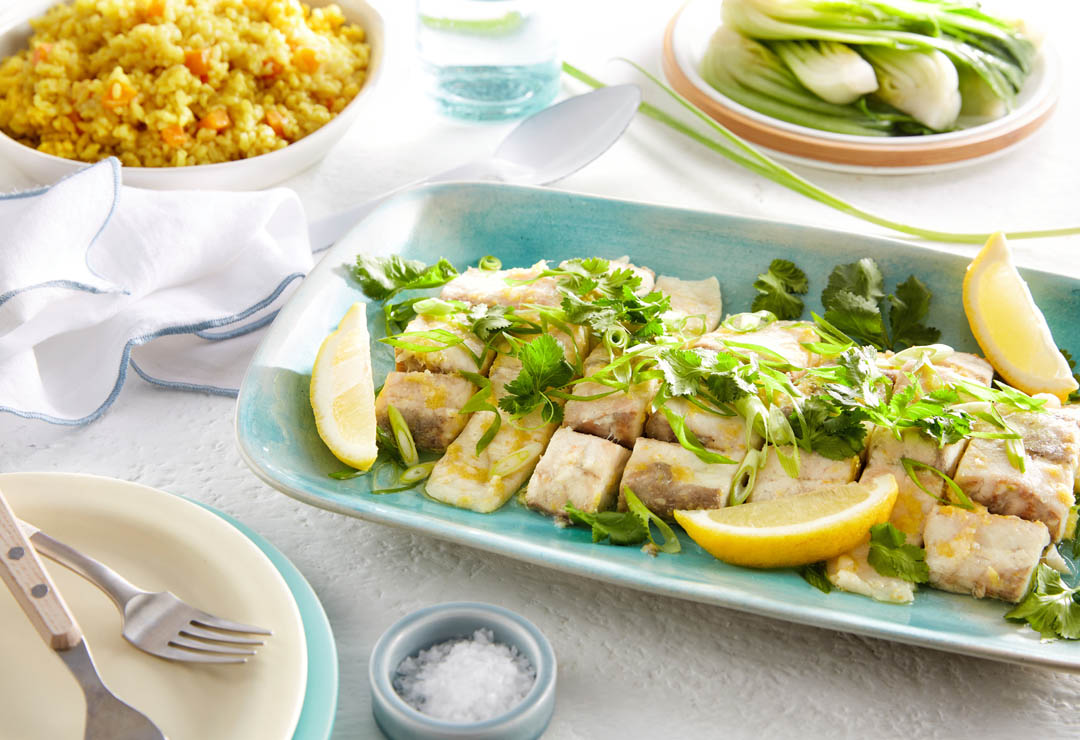 Lemon Ginger Steamed Fish with Turmeric Rice