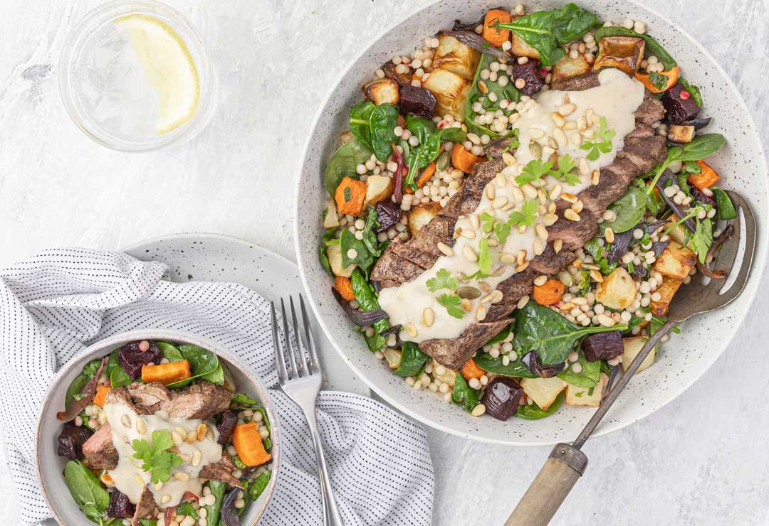 Lamb Backstrap with Pearl Couscous, Root Vegetable Salad