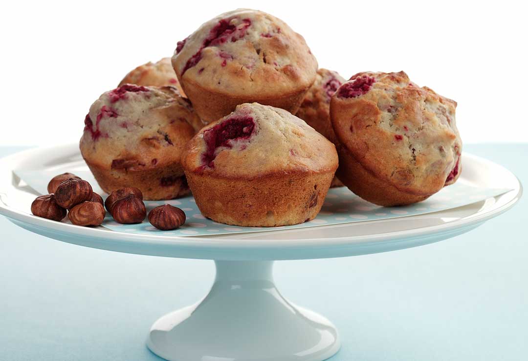 Raspberry and hazelnut muffins